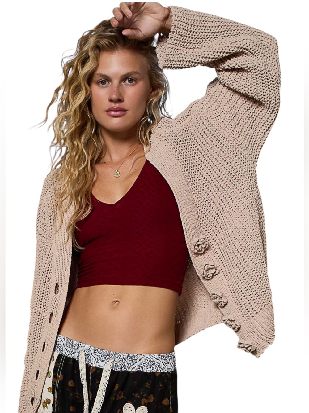 POL Beige Knit Cardigan with Burgundy Tank